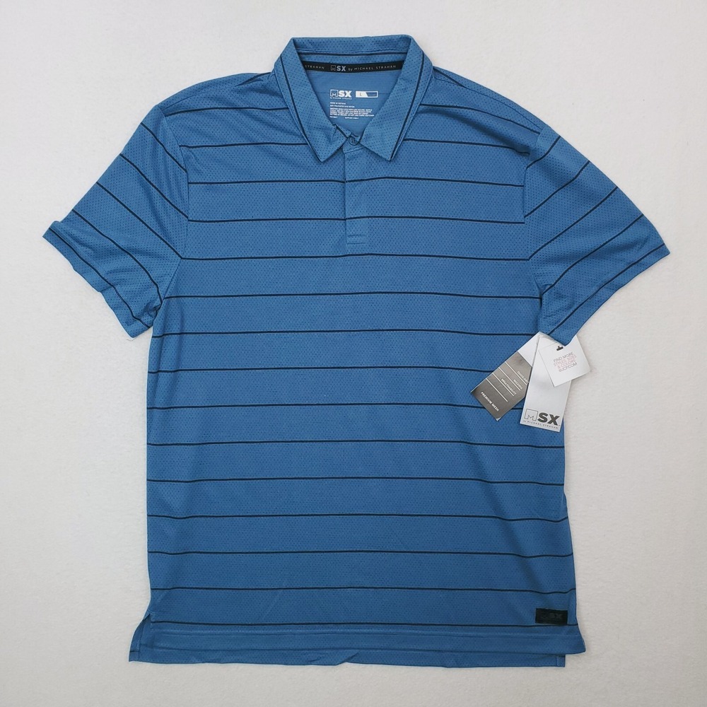 MSX Shirt Mens Large Blue Performance Golf Polo Striped Mesh Michael Straham NWT